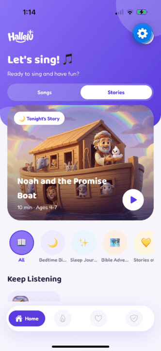The Hallelu home screen, showing tonight's story